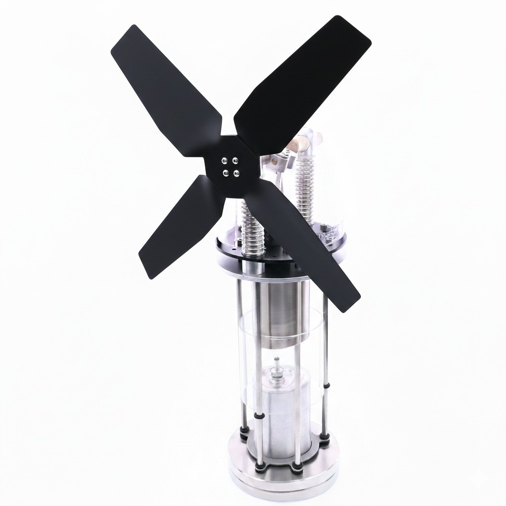 Full front view of the Warpfive Firefly Hearth Fan with a black fan blade and stainless steel base, designed for open fires.